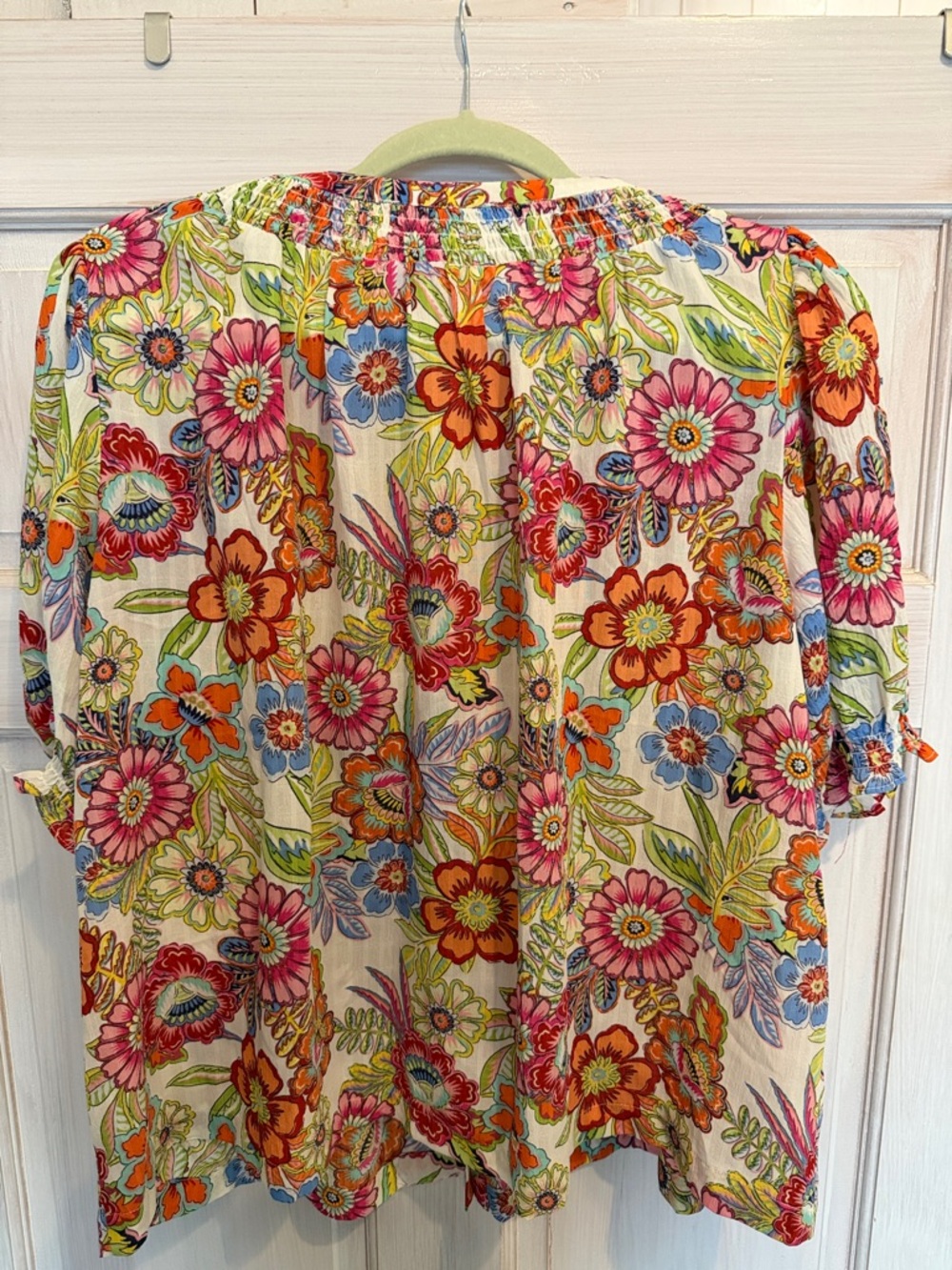 Rose & Olive Cream Floral Smocked Peasant Blouse with Bright Blossoms - Picture 4 of 5